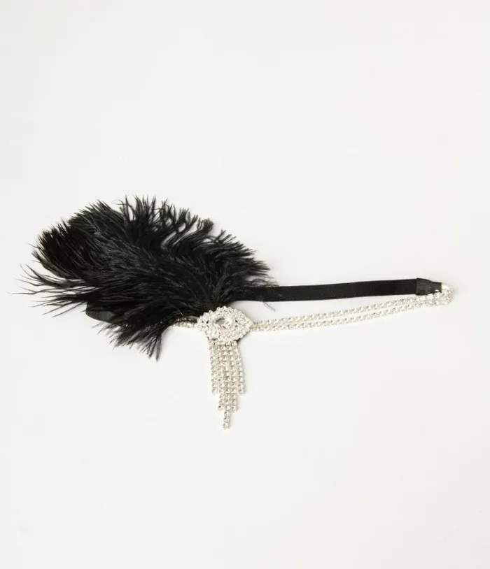 1920s Silver Rhinestone and Black Feather Headband Accessories Unique Vintage Headbands