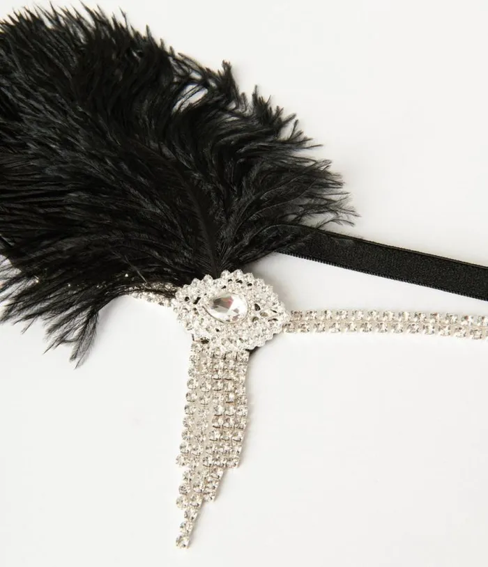 1920s Silver Rhinestone and Black Feather Headband Accessories Unique Vintage Headbands