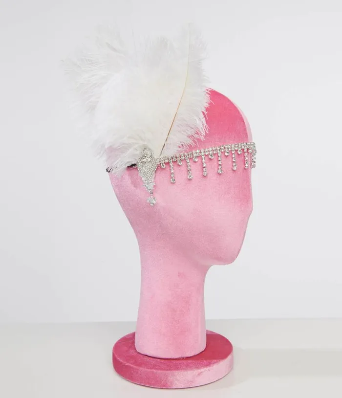 1920s White Feather and Silver Rhinestone Headband Accessories Unique Vintage Headbands