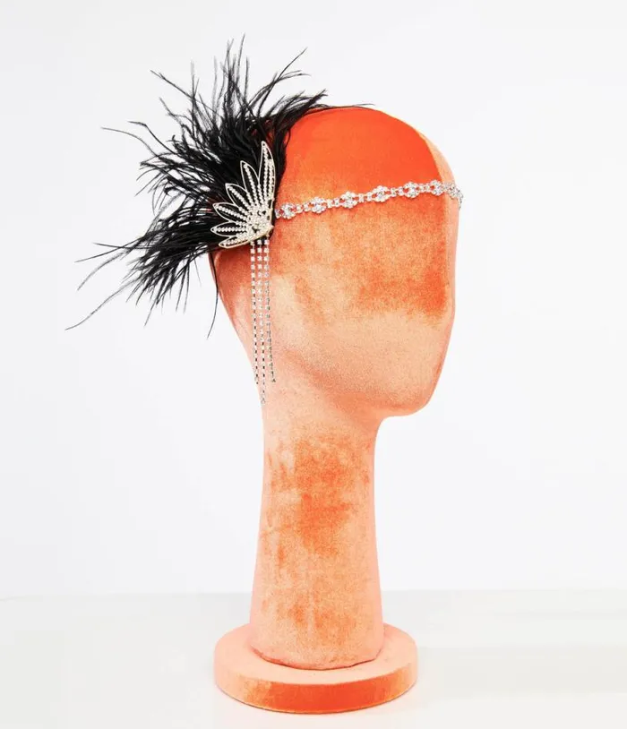 1920s White Rhinestone and Black Feather Flapper Headband Accessories Unique Vintage Headbands 1920s White Rhinestone and Black Feather Flapper Headband Accessories Unique Vintage Headbands