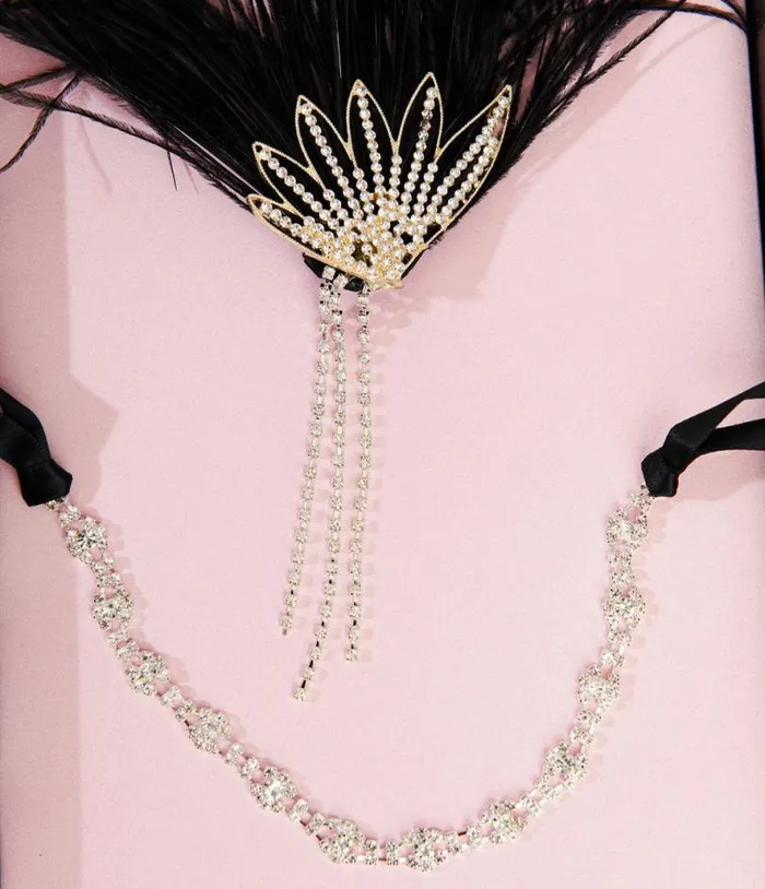 1920s White Rhinestone and Black Feather Flapper Headband Accessories Unique Vintage Headbands