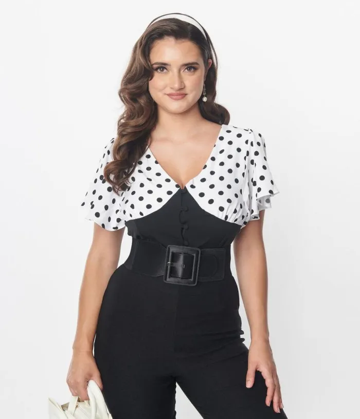 1930s Black and White Dot Flutter Sleeve Blouse Clothing Unique Vintage Blouses 1930s Black and White Dot Flutter Sleeve Blouse Clothing Unique Vintage Blouses