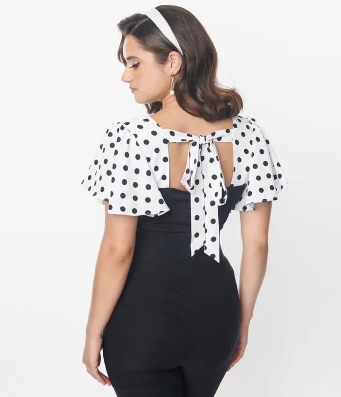 1930s Black and White Dot Flutter Sleeve Blouse Clothing Unique Vintage Blouses