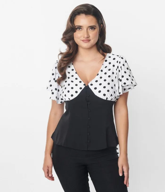 1930s Black and White Dot Flutter Sleeve Blouse Clothing Unique Vintage Blouses