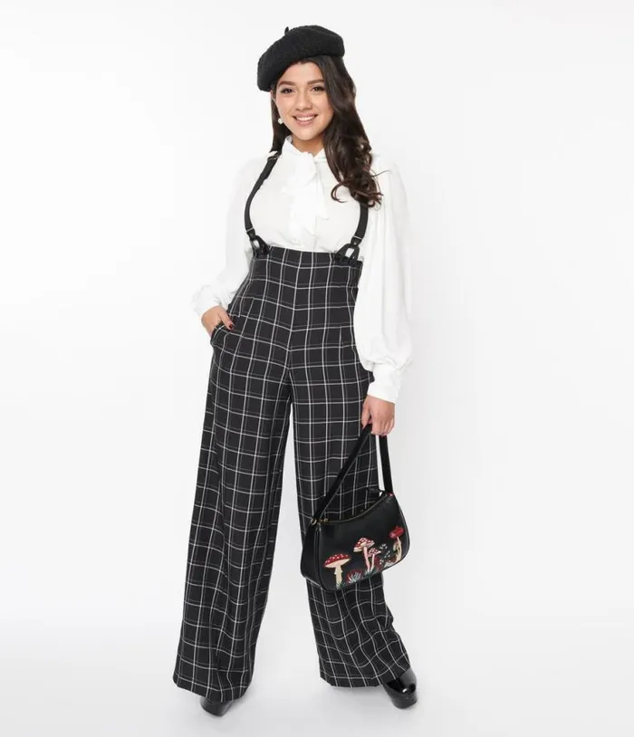1930s Black Windowpane Plaid High Waist Suspender Trouser ClothingPlus Unique Vintage Pants 1930s Black Windowpane Plaid High Waist Suspender Trouser ClothingPlus Unique Vintage Pants