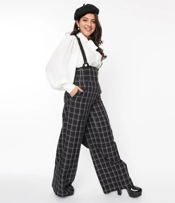 1930s Black Windowpane Plaid High Waist Suspender Trouser ClothingPlus Unique Vintage Pants