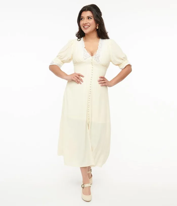 1930s Cream and White Lace Midi Dress Dresses Unique Vintage Midi
