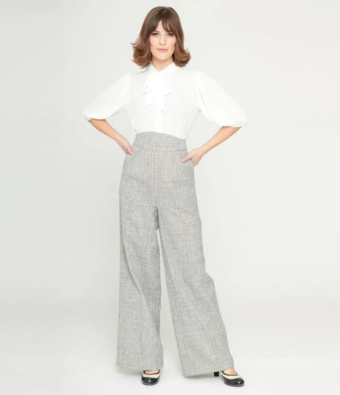 1940s Beige and Baby Blue Tweed High Waist Pants Clothing Unique Vintage Pants 1940s Beige and Baby Blue Tweed High Waist Pants Clothing Unique Vintage Pants