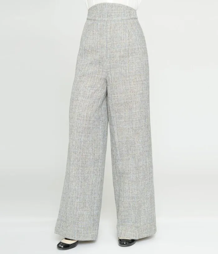 1940s Beige and Baby Blue Tweed High Waist Pants Clothing Unique Vintage Pants
