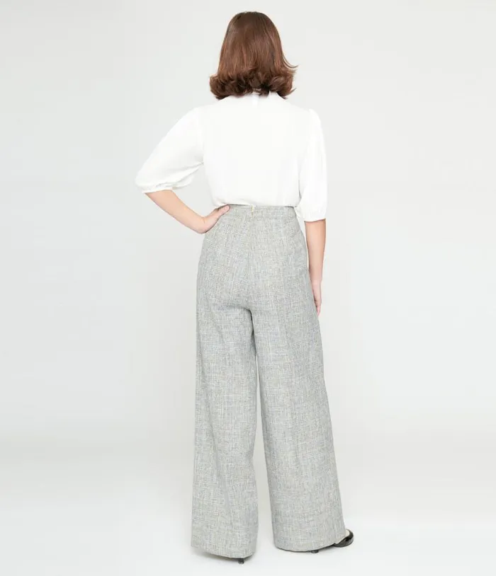 1940s Beige and Baby Blue Tweed High Waist Pants Clothing Unique Vintage Pants
