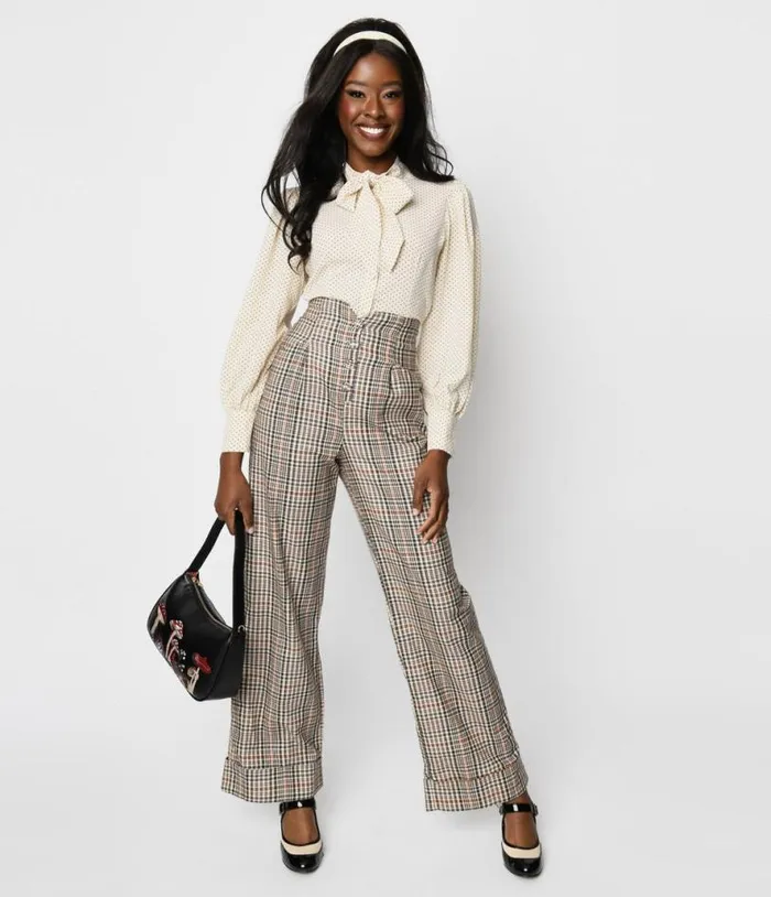 1940s Beige Plaid Buttoned Wide Leg Trousers ClothingPlus Unique Vintage Pants 1940s Beige Plaid Buttoned Wide Leg Trousers ClothingPlus Unique Vintage Pants