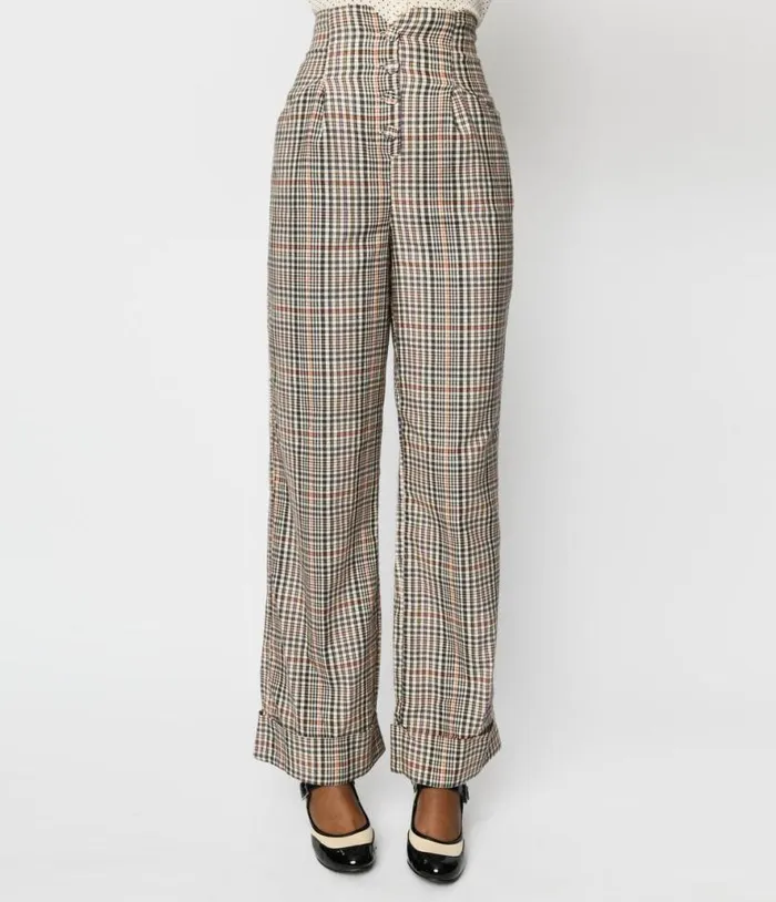 1940s Beige Plaid Buttoned Wide Leg Trousers ClothingPlus Unique Vintage Pants