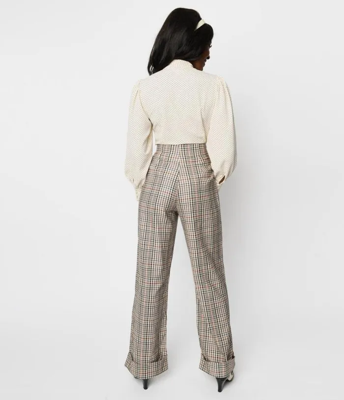 1940s Beige Plaid Buttoned Wide Leg Trousers ClothingPlus Unique Vintage Pants