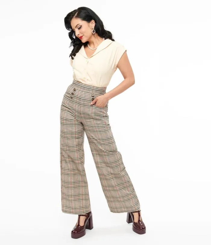 1940s Beige Plaid High Waist Sailor Ginger Pants Clothing Unique Vintage Pants
