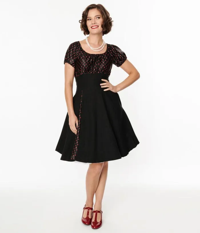 1940s Black and Red Polka Dot Romie Flare Dress Dresses Unique Vintage Fit and Flare 1940s Black and Red Polka Dot Romie Flare Dress Dresses Unique Vintage Fit and Flare