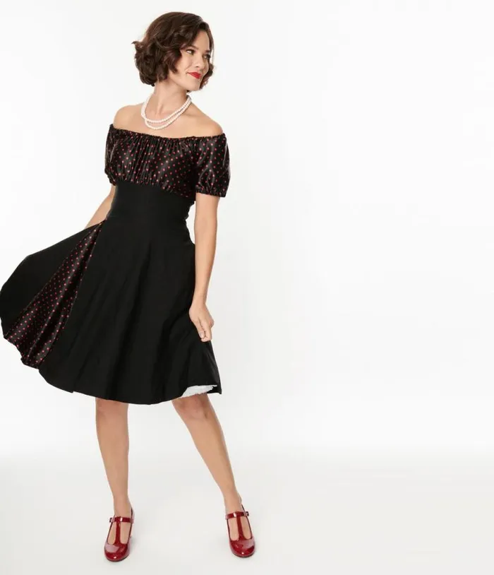 1940s Black and Red Polka Dot Romie Flare Dress Dresses Unique Vintage Fit and Flare
