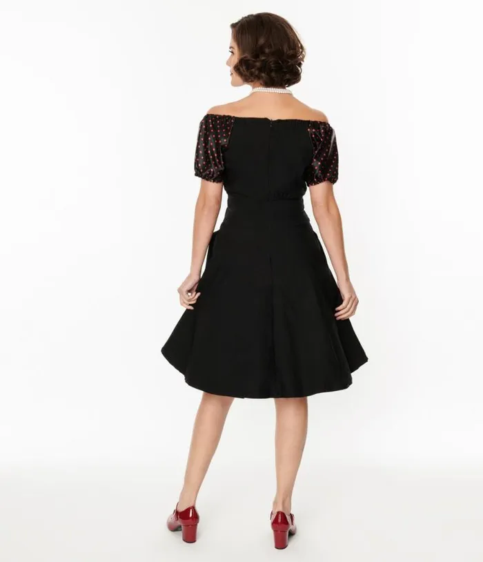 1940s Black and Red Polka Dot Romie Flare Dress Dresses Unique Vintage Fit and Flare