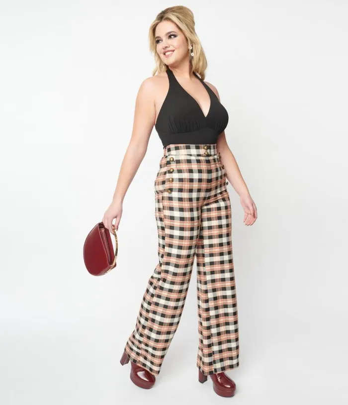 1940s Black and Tan Plaid Sailor Pants ClothingPlus Unique Vintage Pants