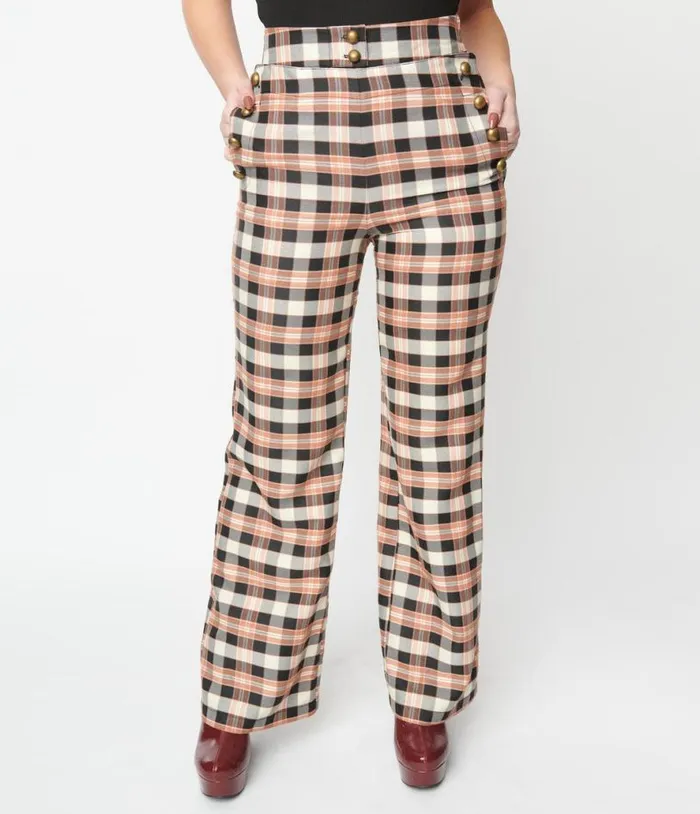 1940s Black and Tan Plaid Sailor Pants ClothingPlus Unique Vintage Pants