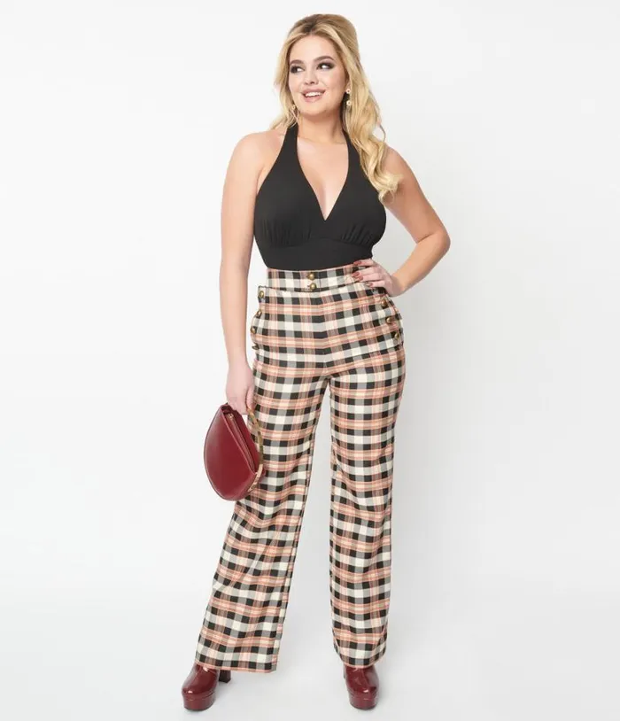 1940s Black and Tan Plaid Sailor Pants ClothingPlus Unique Vintage Pants
