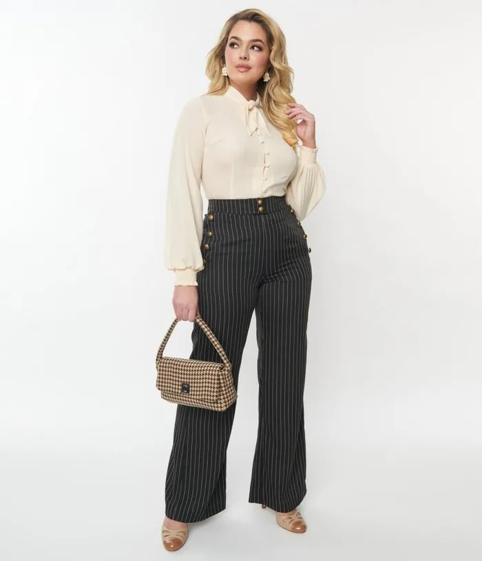 1940s Black and White Pinstripe Sailor Pants ClothingPlus Unique Vintage Pants 1940s Black and White Pinstripe Sailor Pants ClothingPlus Unique Vintage Pants