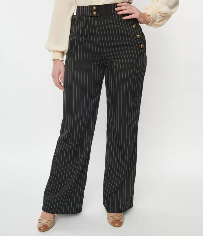 1940s Black and White Pinstripe Sailor Pants ClothingPlus Unique Vintage Pants