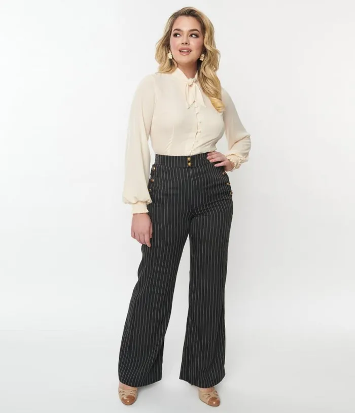 1940s Black and White Pinstripe Sailor Pants ClothingPlus Unique Vintage Pants