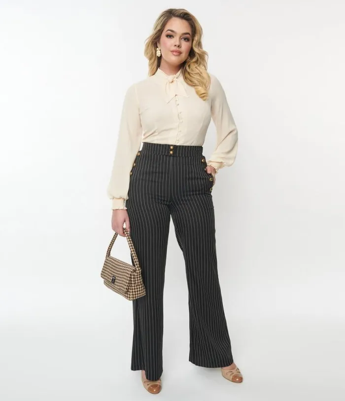1940s Black and White Pinstripe Sailor Pants ClothingPlus Unique Vintage Pants