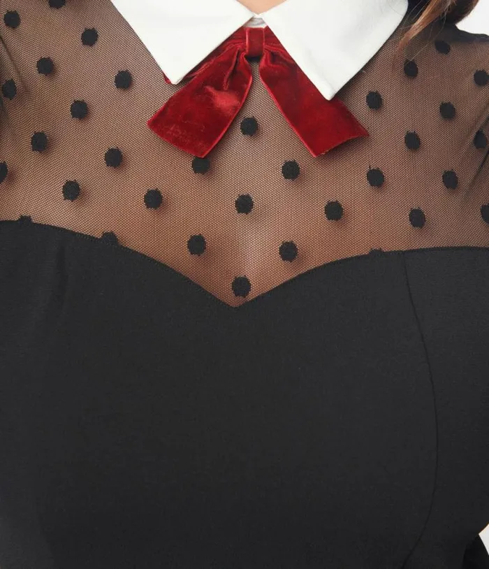 1940s Black Dot Mesh Collared Fit and Flare Dress DressesPlus Unique Vintage Pocket Dresses