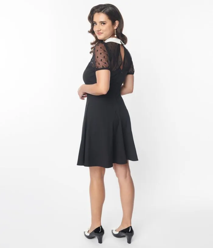 1940s Black Dot Mesh Collared Fit and Flare Dress DressesPlus Unique Vintage Pocket Dresses