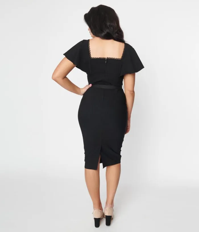 1940s Black Flutter Sleeve Sweetheart Wiggle Dress Dresses Unique Vintage Pencil