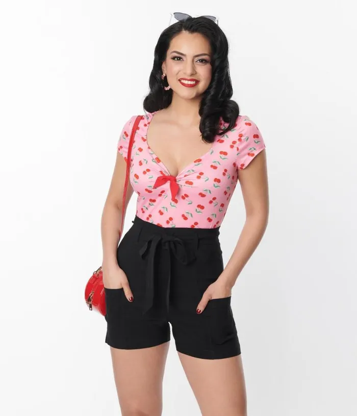 1940s Black High Waist Tied and True Shorts Clothing Unique Vintage Shorts