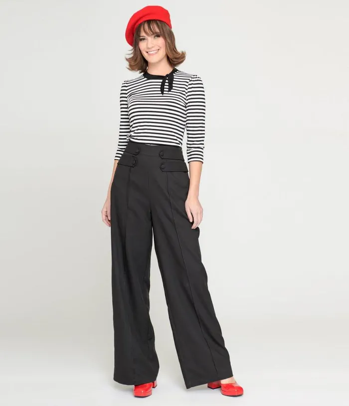 1940s Black High Waist Wide Leg Tab Pants Clothing Unique Vintage Pants