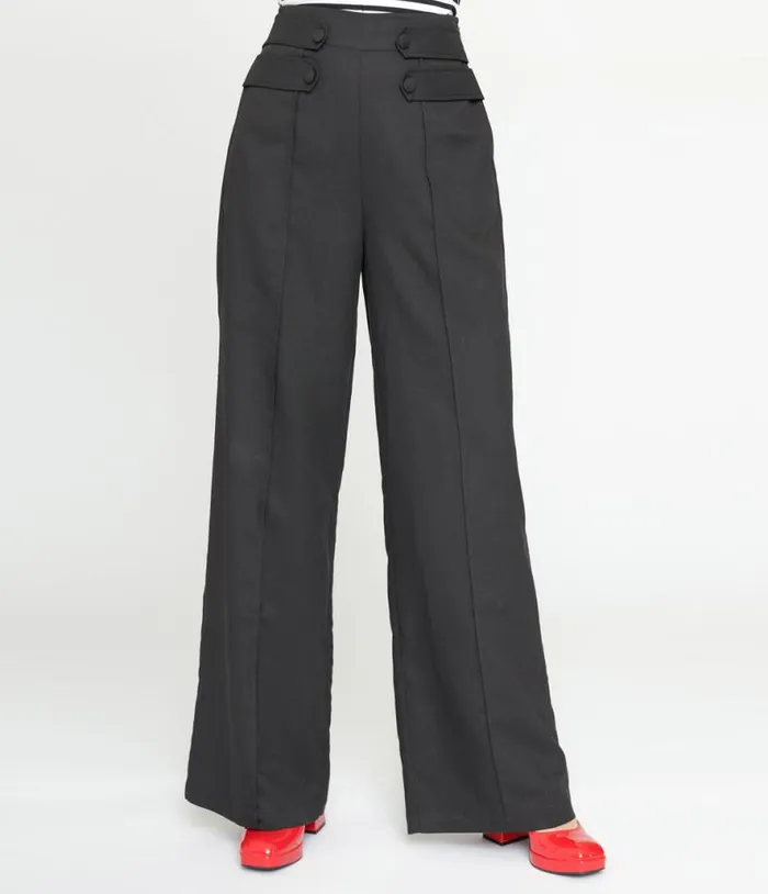 1940s Black High Waist Wide Leg Tab Pants Clothing Unique Vintage Pants