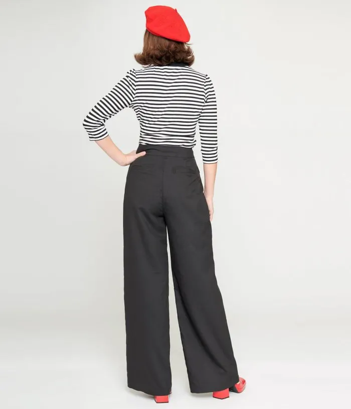 1940s Black High Waist Wide Leg Tab Pants Clothing Unique Vintage Pants