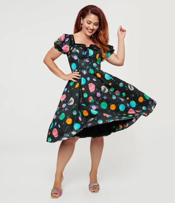 1940s Black Planet Print Button Front Dress Dresses Unique Vintage Swing