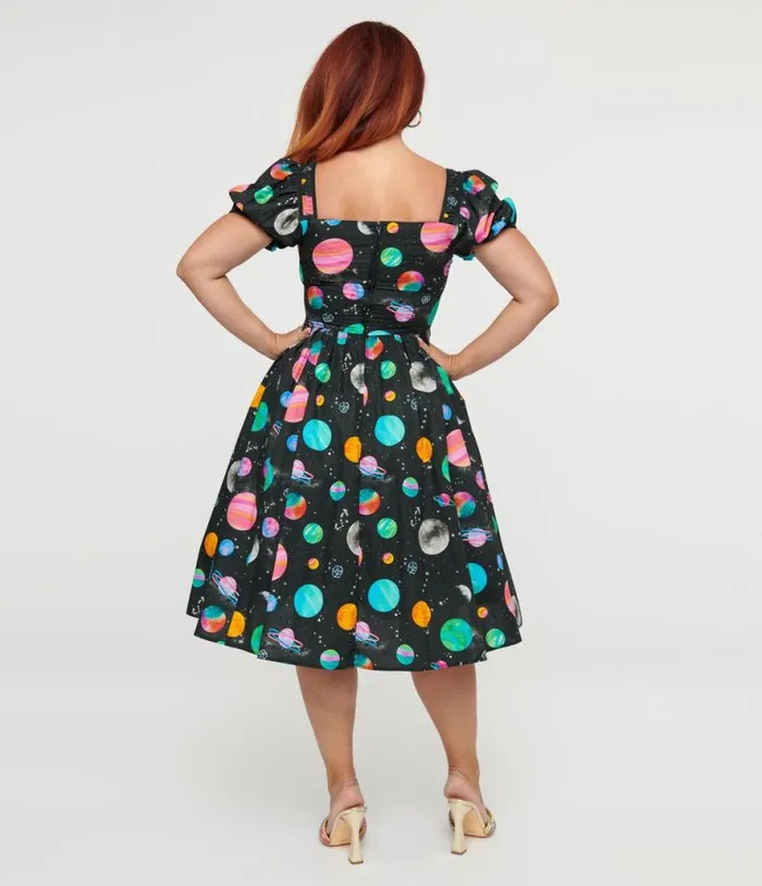 1940s Black Planet Print Button Front Dress Dresses Unique Vintage Swing