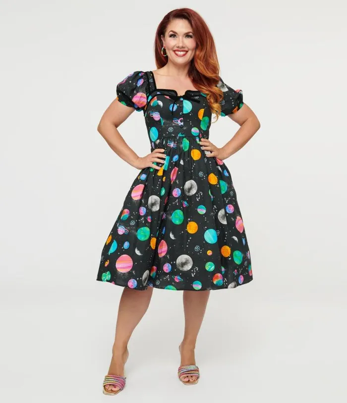 1940s Black Planet Print Button Front Dress Dresses Unique Vintage Swing