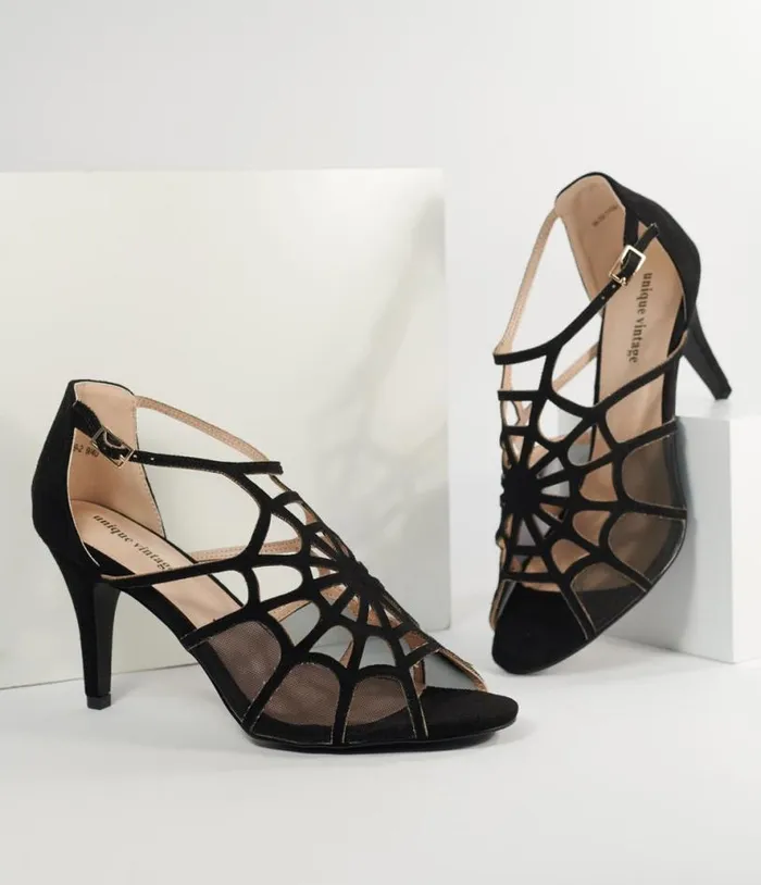 1940s Black Spider Web Heels HalloweenShoes Unique Vintage Heels