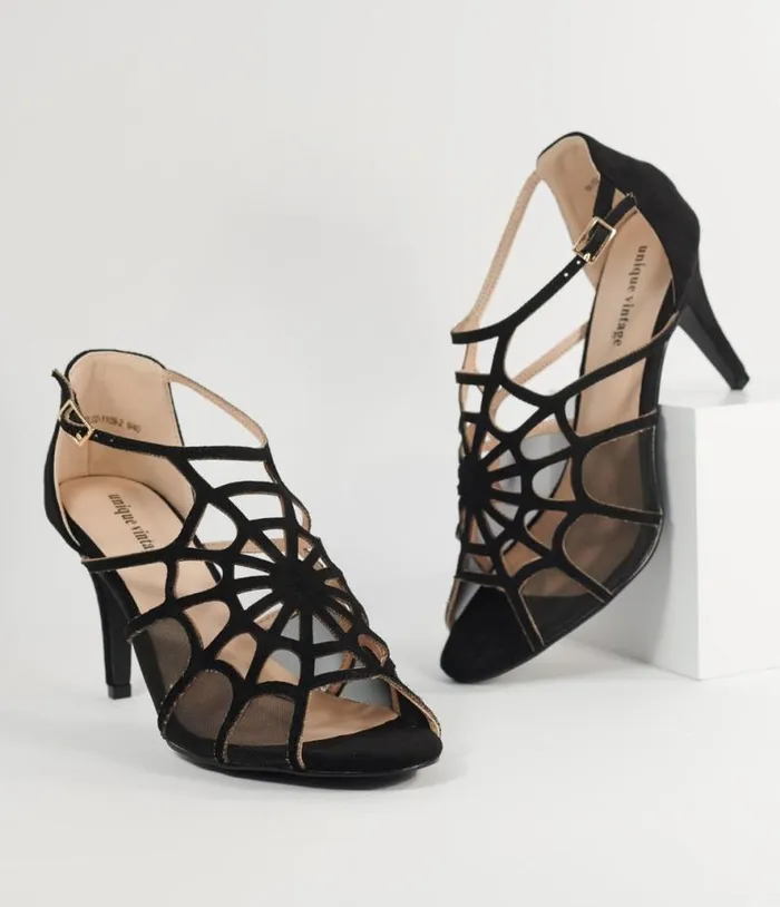 1940s Black Spider Web Heels HalloweenShoes Unique Vintage Heels