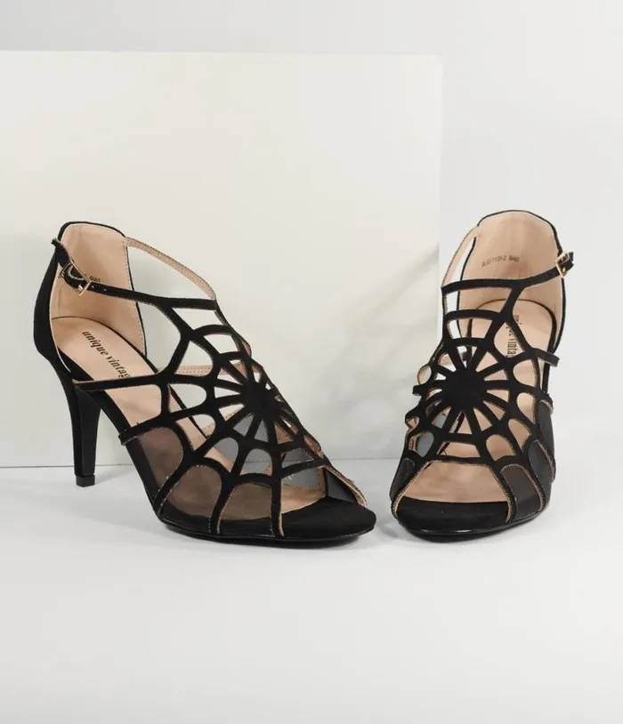 1940s Black Spider Web Heels HalloweenShoes Unique Vintage Heels