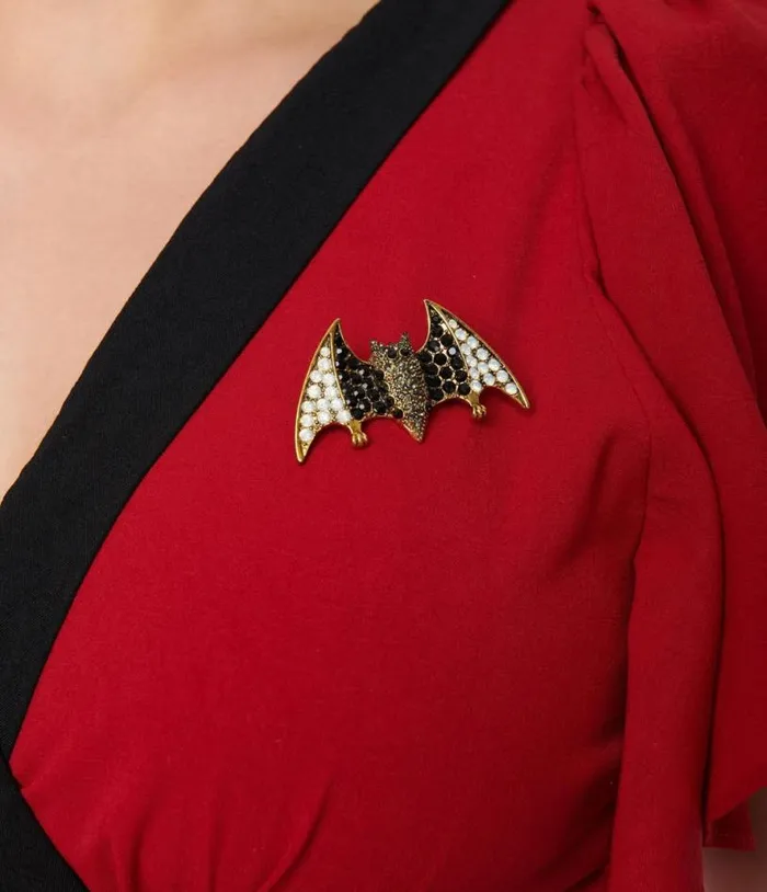 1940s Burgundy and Black Bat Brooch Swing Dress DressesHalloweenPlus Unique Vintage Pocket Dresses