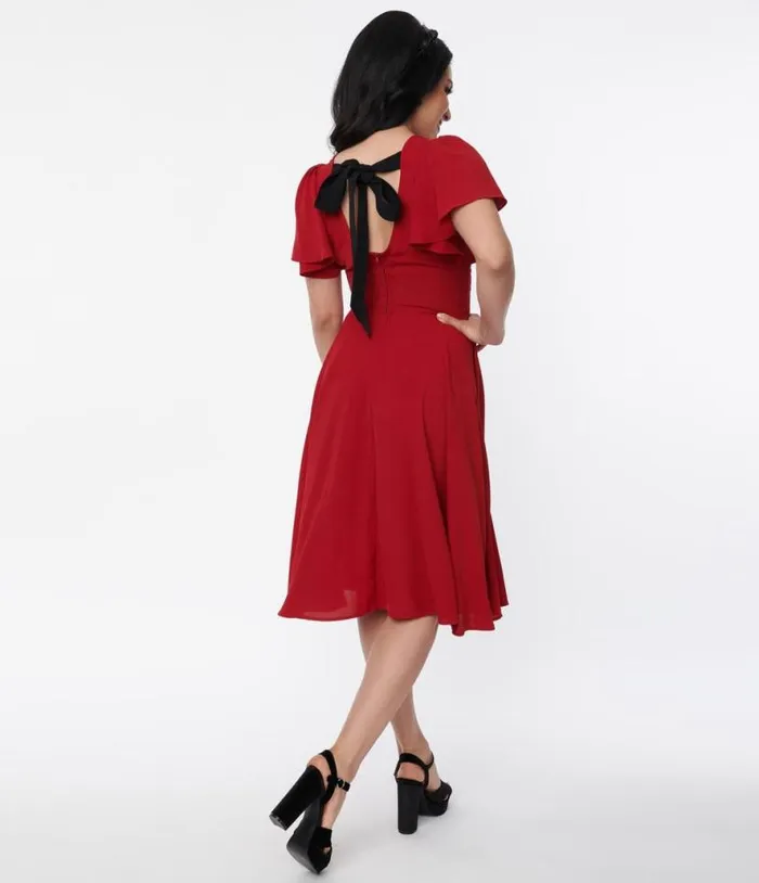 1940s Burgundy and Black Bat Brooch Swing Dress DressesHalloweenPlus Unique Vintage Pocket Dresses