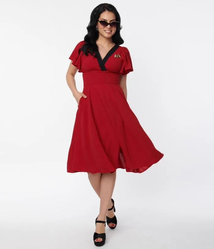 1940s Burgundy and Black Bat Brooch Swing Dress DressesHalloweenPlus Unique Vintage Pocket Dresses