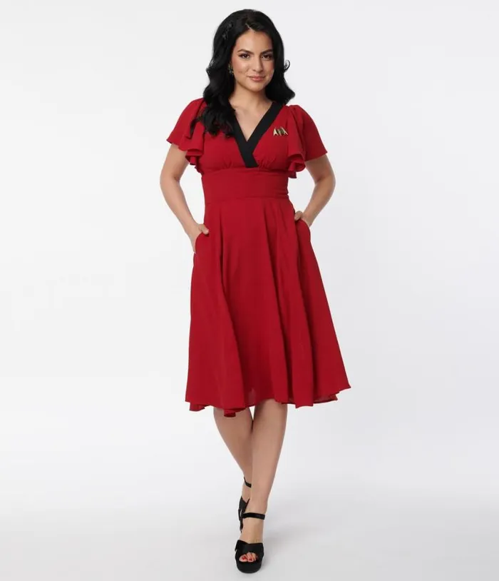 1940s Burgundy and Black Bat Brooch Swing Dress DressesHalloweenPlus Unique Vintage Pocket Dresses