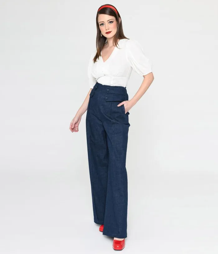 1940s Denim High Waist Wide Leg Tab Pants Clothing Unique Vintage Pants