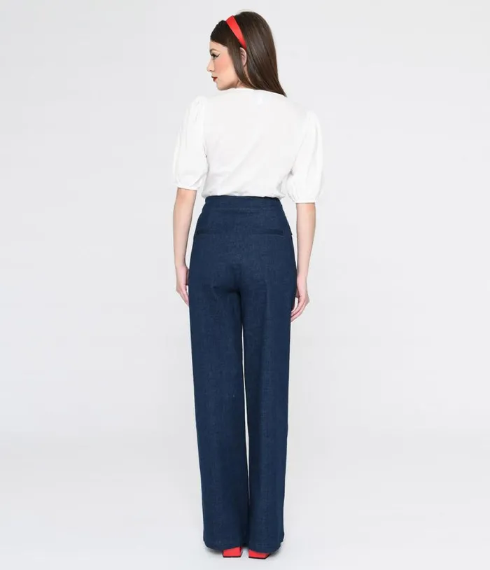 1940s Denim High Waist Wide Leg Tab Pants Clothing Unique Vintage Pants