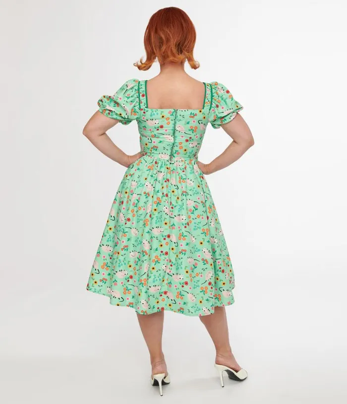 1940s Green Possum Print Button Front Dress Dresses Unique Vintage Swing