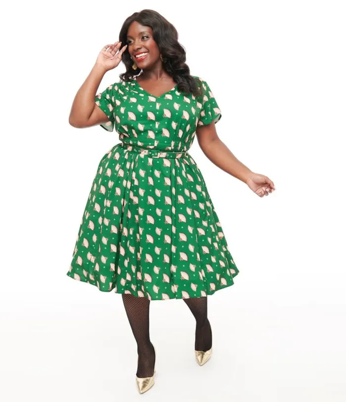 1940s Hunter Green Fan Print Tulip Sleeve Swing Dress DressesPlus Unique Vintage Swing 1940s Hunter Green Fan Print Tulip Sleeve Swing Dress DressesPlus Unique Vintage Swing