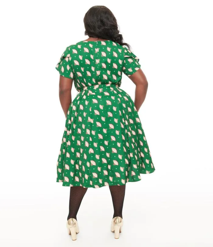 1940s Hunter Green Fan Print Tulip Sleeve Swing Dress DressesPlus Unique Vintage Swing